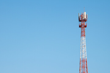 Telecommunication tower of 4G and 5G cellular. Antenna transmission communication. Cell phone signal base station.