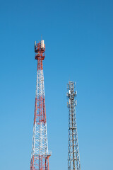 Telecommunication tower of 4G and 5G cellular. Antenna transmission communication. Cell phone signal base station.