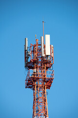 Telecommunication tower of 4G and 5G cellular. Antenna transmission communication. Cell phone signal base station.