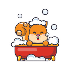Cute squirrel taking bubble bath in bathtub cartoon vector illustration. © Artprodite