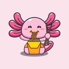 Cute axolotl eating noodle cartoon vector illustration.