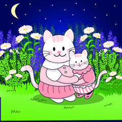 Cat mom and kitten hugging in the garden at night
