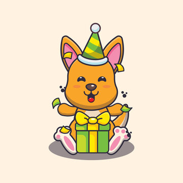 Cute kangaroo in birthday party cartoon vector illustration.