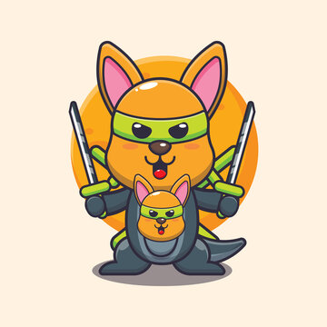 Cute kangaroo ninja cartoon vector illustration.