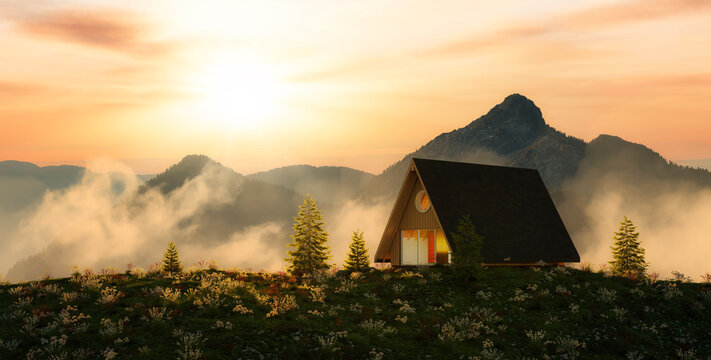 A-frame Cabin home on top of a mountain with beautiful view. 3d Rendering. Aerial landscape from British Columbia, Canada. Sunset Sky Art Render.