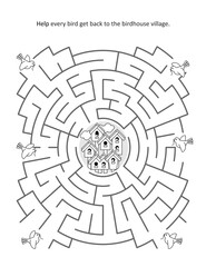 Maze game or activity page for kids: Help every bird get back to the birdhouse village.
