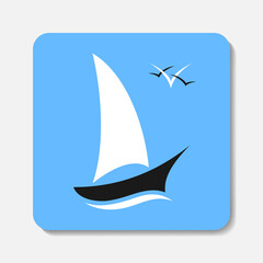 Sailboat and gulls in black and white colors on blue background. Minimalist trendy contemporary design. Best for web, print, logo creating and branding design.