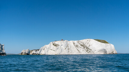 View of chalk cliffs near The Needles in Alum Bay, Isle of Wight, United Kingdom