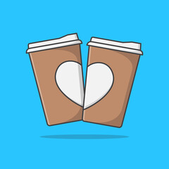Two Paper Cup Of Coffee With Heart Vector Icon Illustration. Coffee flat icon
