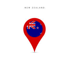 Teardrop map marker with flag of New Zealand. YYY flag inserted in the location map pin. Flat vector illustration isolated on white background.