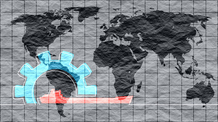 Nautical cargo vessel in gear icon. World map backdrop