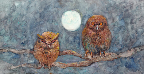 Two owls on tree watercolor night scene painting mixed media