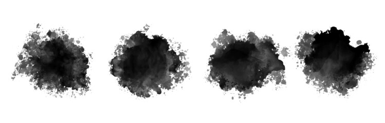 black ink watercolor splatter texture set of four - obrazy, fototapety, plakaty