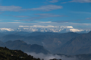 Fototapeta na wymiar Beautiful mountain range and mountains located at Pokhara as seen from Bhairabsthan Temple, Bhairabsthan, Palpa, Nepal