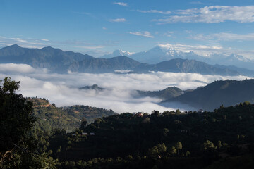 Beautiful mountain range and mountains located at Pokhara as seen from Bhairabsthan Temple, Bhairabsthan, Palpa, Nepal