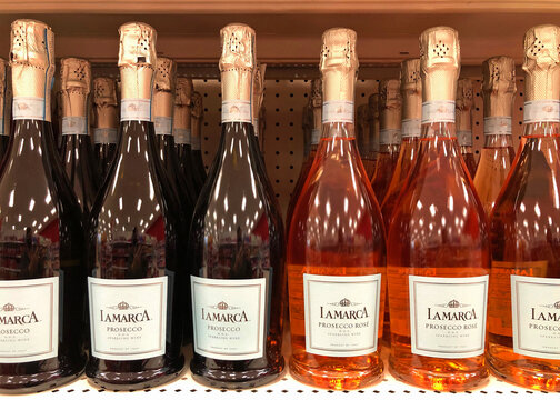 Alameda, CA - Jan 15, 2022: Grocery store shelf with bottles of Lamarca Prosecco Sparkling wines