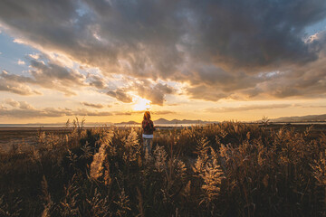 Fototapeta na wymiar sunrise, field, clouds, girl, plants, girl in the field, autumn, spring, mountains, sun, sunset
