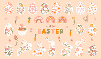 Set easter eggs and rabbits in pastel colors. Illustrations with spring flowers, rainbow, bunny, carrot, bird and lettering Happy Easter . Vector