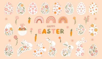 Foto op Plexiglas Set easter eggs and rabbits in pastel colors. Illustrations with spring flowers, rainbow, bunny, carrot, bird and lettering Happy Easter . Vector © Irina Gubanova
