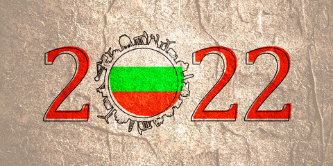 2022 year number with industrial icons around zero digit. Flag of Bulgaria.