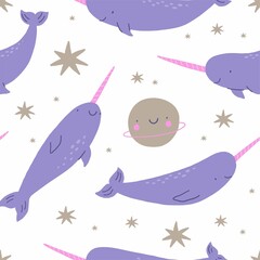 Cute cartoon Narwhal and heart, stars, moon, rainbow, ocean, fish - vecor print. Very Peri Narwhal - seamless pattern © NadezdaBarkova