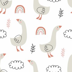 Hand drawn spring pattern with cote cartoon goose,  flowers, leaves. Seamless pattern