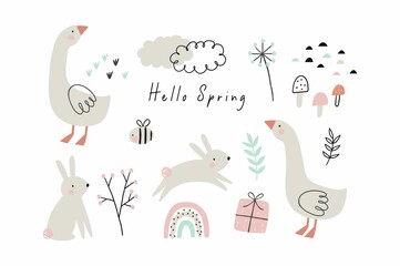Hand drawn spring pattern with cute cartoon goose, bunny, flowers, leaves. Seamless pattern