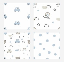 Cute little bear and car - vector illustrations in boho srtyle. Nursery scandinavian seamless pattern