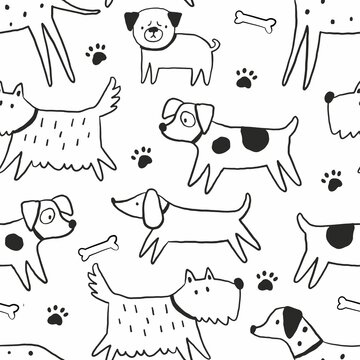 Cute Hand drawn dog - vector print in doodle style. Seamless pattern with pet