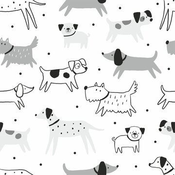 Cute Hand drawn dog - vector print in doodle style. Seamless pattern with pet