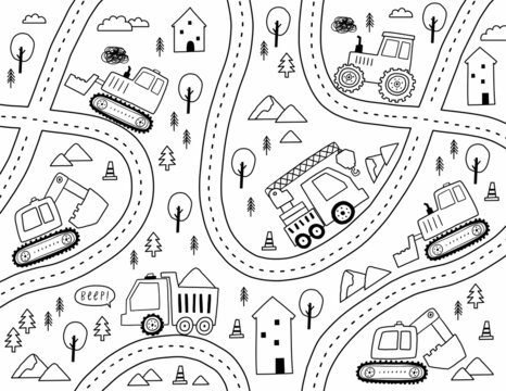 Hand drawn cute cars - Truck, tractor, cargo crane, bulldozer, excavator. Vector coloring page with cute cars for fabric, textile and wallpaper design. Vector cars in scandinavian style. Printable car