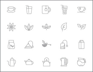Set of tea and drink icons line style. It contains such Icons as star anise, infusion bags, tea strainer, green tea, nature, herbal, rooibos and other elements.