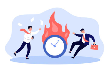 Obraz premium Tiny office workers in panic because of burning clock