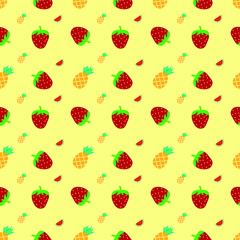 seamless pattern mixed fruit with Strawberry  watermelon and pineapple. Cute fresh strawberry watermelon and pineapple with yellow isolated on background. Fabric and tile wallpaper. Fashion food berry