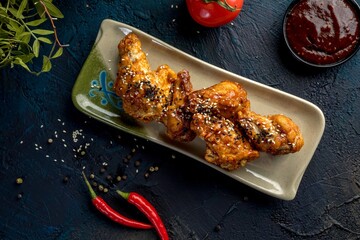 Deep-fried chicken wings with paprika, sesame and unagi. Served with red BBQ sauce. Decorated in Asian style.