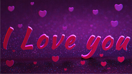 Realistic 3D colorful romantic hearts Valentine background, shiny and festive inscription I love you.