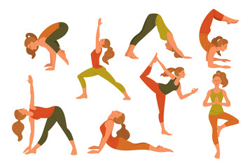 Yoga poses and physical exercises of woman set