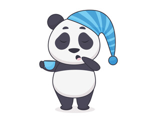 Sleepy panda with coffee. Vector illustration of an animal in cartoon style. Cute bear in the morning. Isolated on white background.
