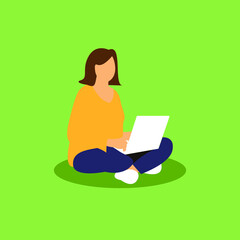 Fototapeta na wymiar Flat design style colorful, girl sitting working with a laptop, flat design person vector illustration