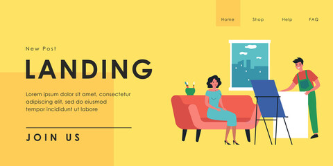 Professional artist preparing for painting portrait of woman