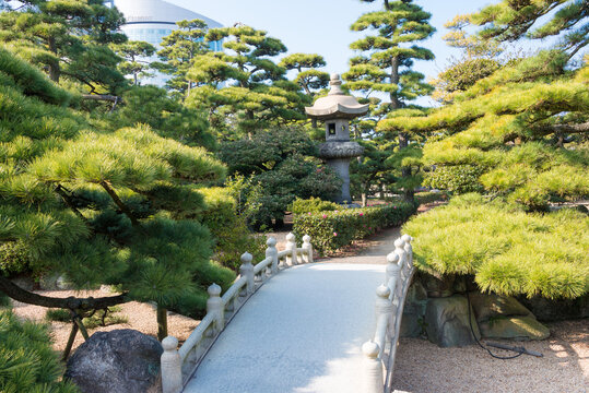 Kagawa, Japan - Feb 02 2020 - Hiunkaku Villa at Takamatsu Castle (Tamamo Park) in Takamatsu, Kagawa, Japan. The Castle originally built in 1590 and part of Japan's Top 100 Castles.