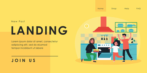 Mother and children baking cake in kitchen together