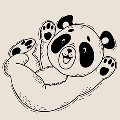 Cute happy panda. Vector illustration. Character joyful animal in linear style hand drawing doodle for kids collection and cards, design, decor and print 