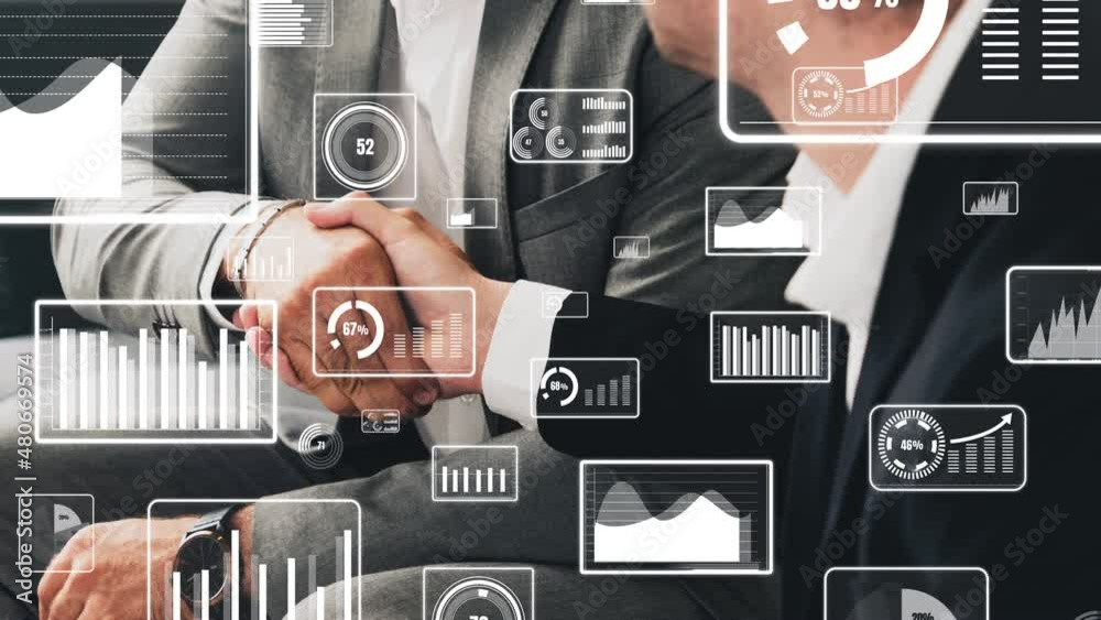 Poster conceptual business handshake with dashboard for financial data analysis . 3d render computer graphi