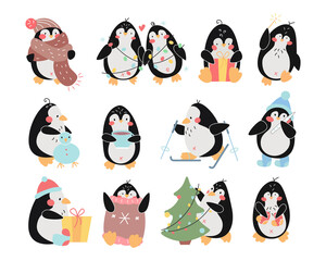 Cute penguin cartoon character vector illustrations set © Bro Vector