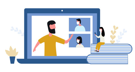 people wear a mask Online learning. School at workplace, video conference with the teacher at home 