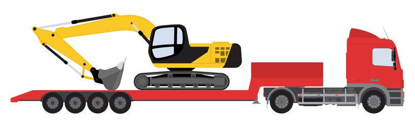 Color image of an excavator on a trawl. Vector illustration.