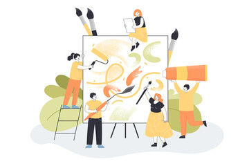 Cartoon artists creating artwork with roller, paintbrushes