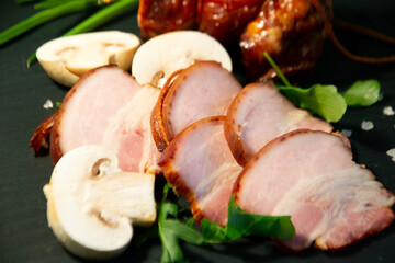 Pieces of brisket and mushrooms