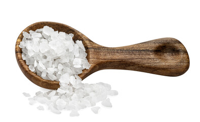 sea salt in wooden spoon and pile near isolated on white - Powered by Adobe